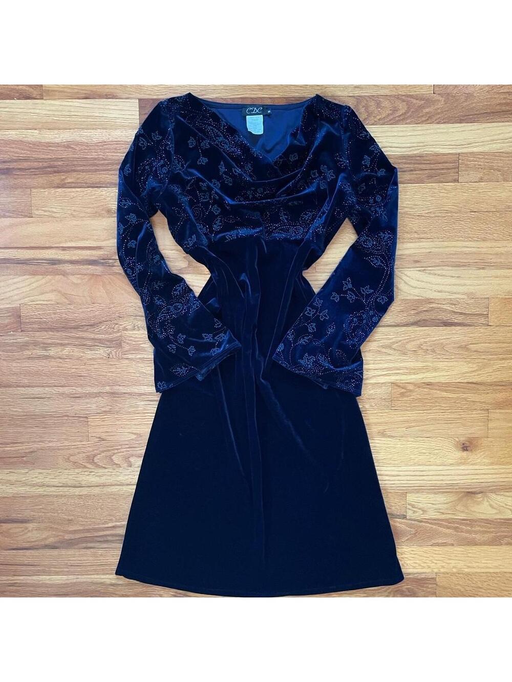 Vintage 90s navy blue velvet dress size 10 whimsygoth preppy winter medieval